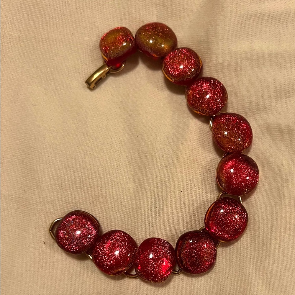 Vintage Red Murano/Venetian-Style Glass Glitter Link Bracelet, Gold Tone